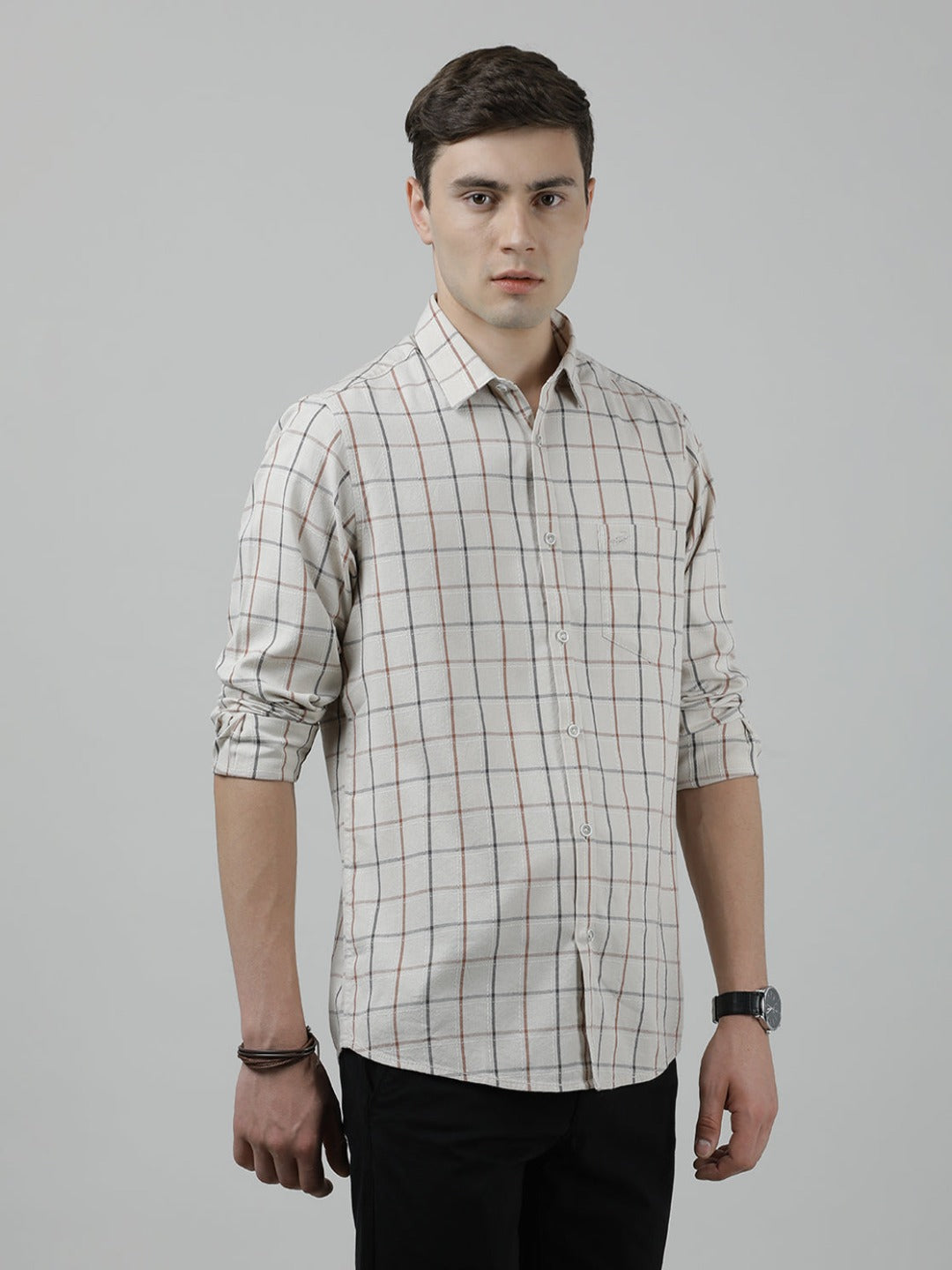 Casual Full Sleeve Comfort Fit Checks Shirt Beige for Men