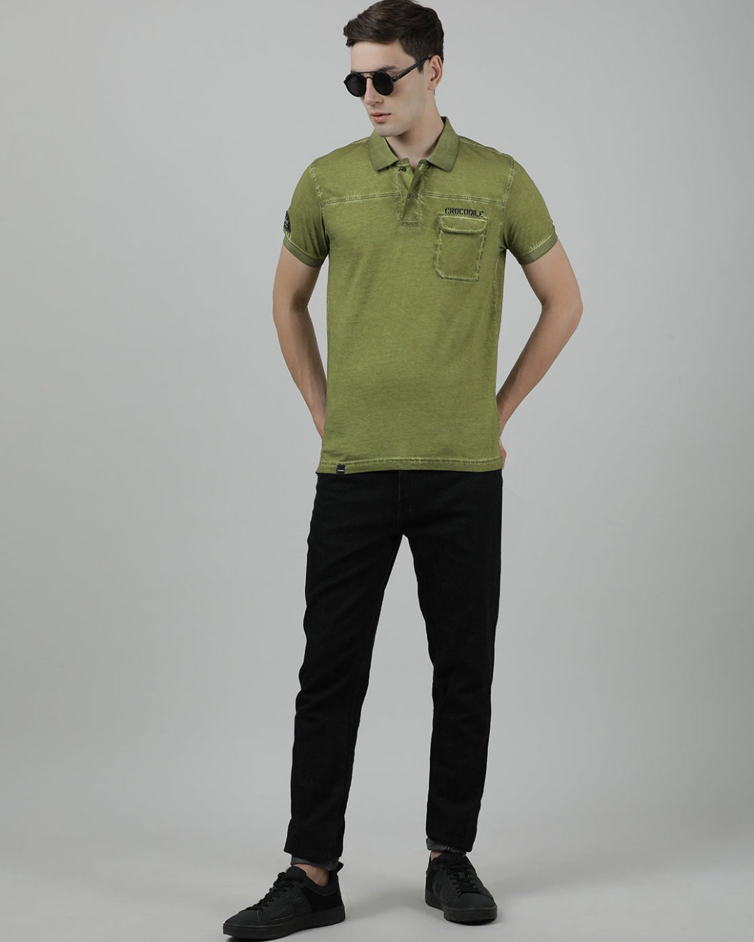 Crocodile Casual Green T-Shirt Half Sleeve Slim Fit with Collar for Men