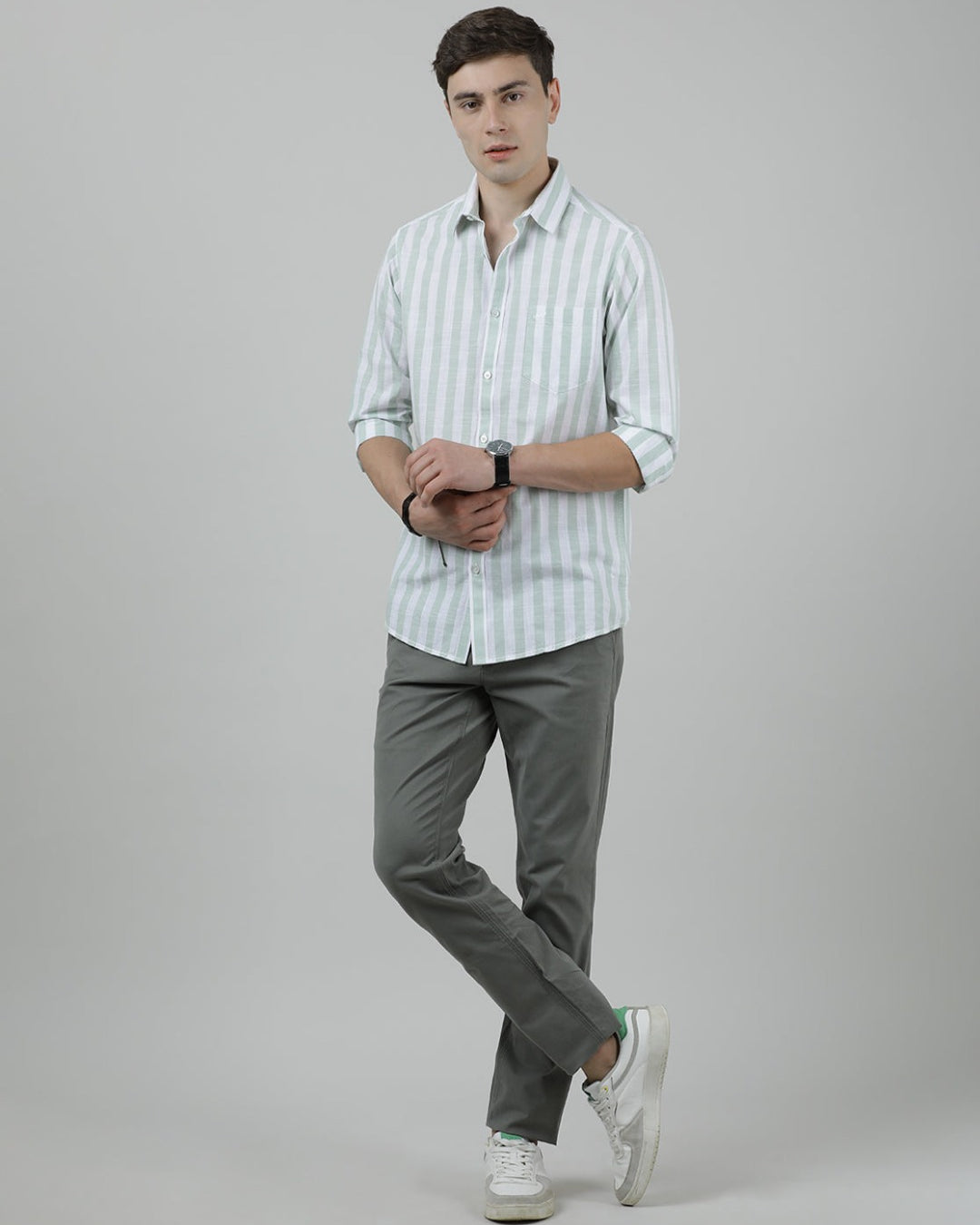 Crocodile Casual Full Sleeve Comfort Fit Stripe Shirt Green for Men