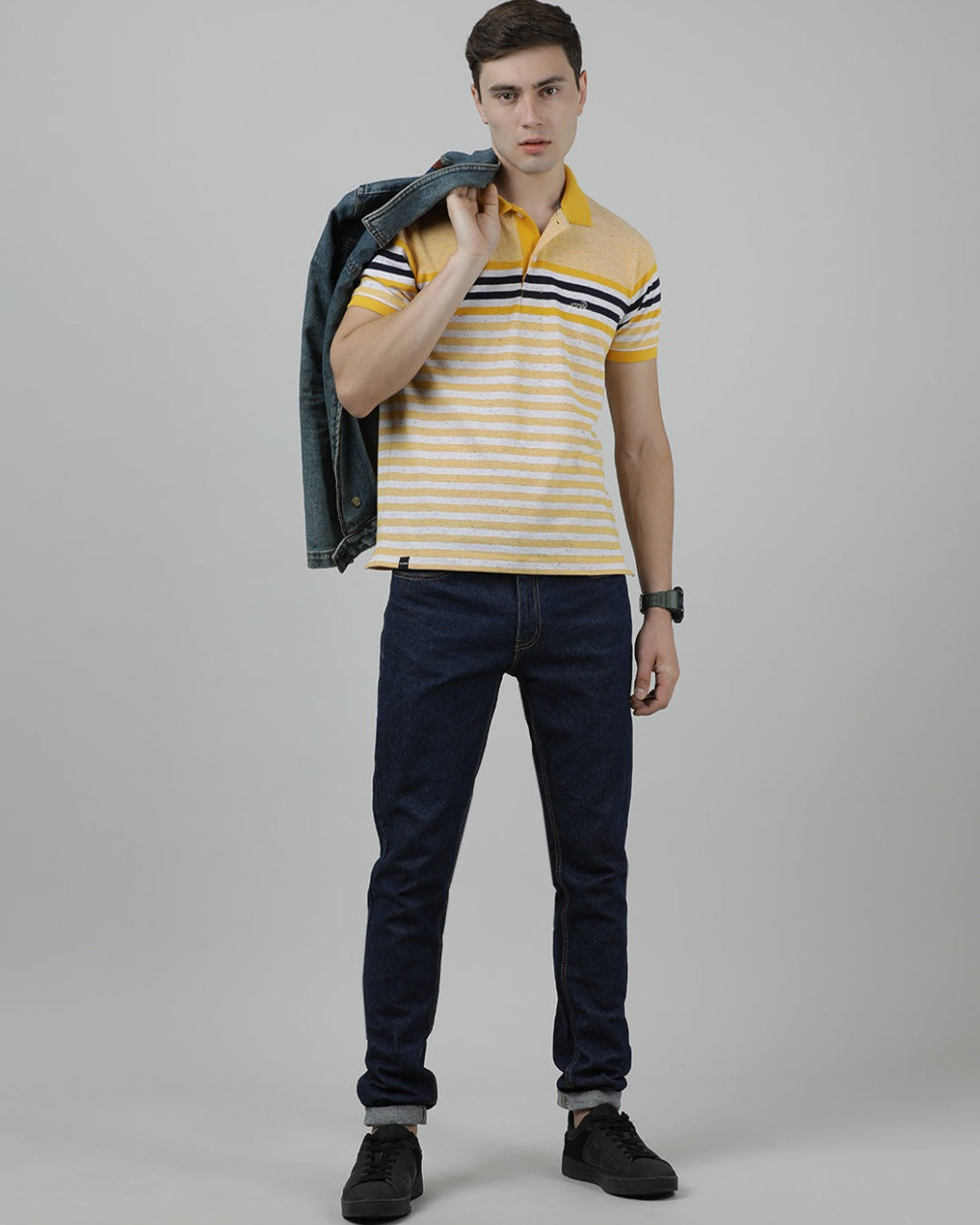 Crocodile Casual Yellow T-Shirt Engineering Stripes Half Sleeve Slim Fit with Collar for Men