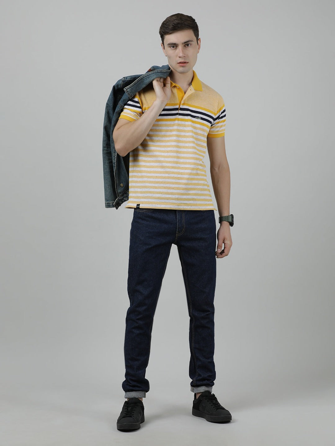 Crocodile Casual Yellow T-Shirt Engineering Stripes Half Sleeve Slim Fit with Collar for Men