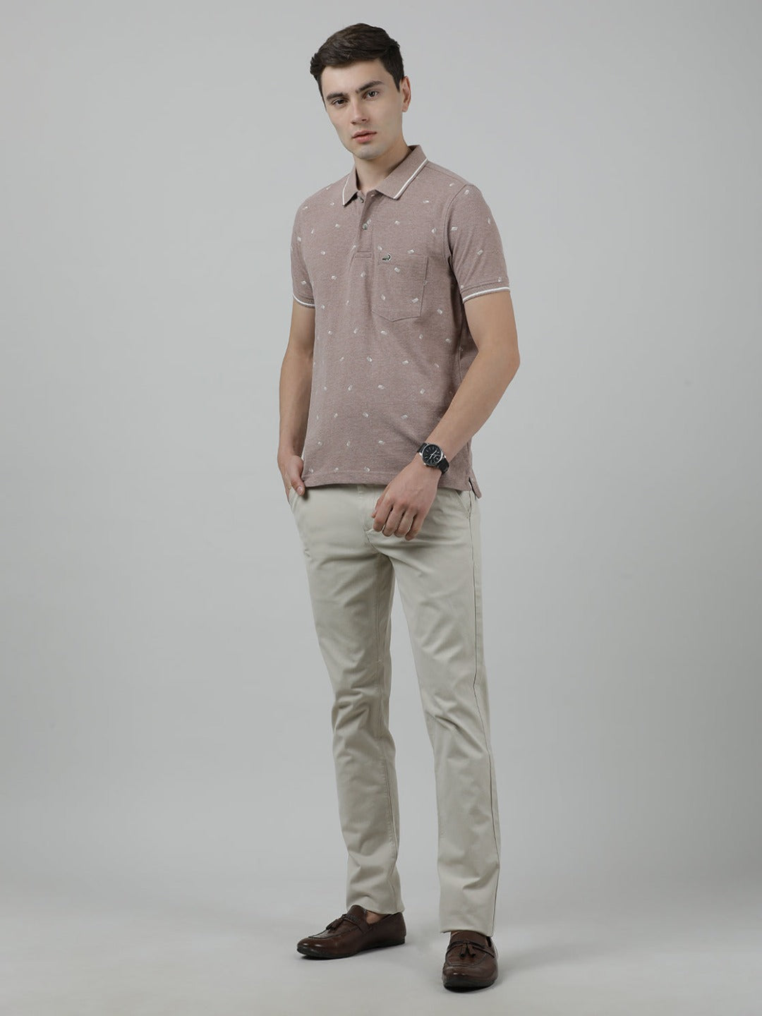 Crocodile Casual Brown Printed T-Shirt Half Sleeve Slim Fit Melange with Collar for Men