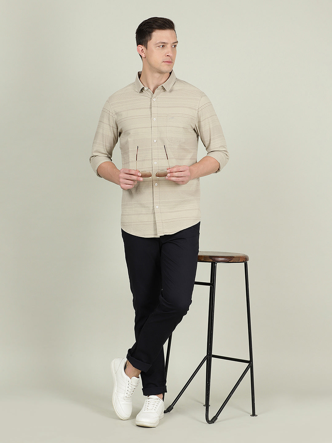 Crocodile Men Beige Stripe Casual Shirt