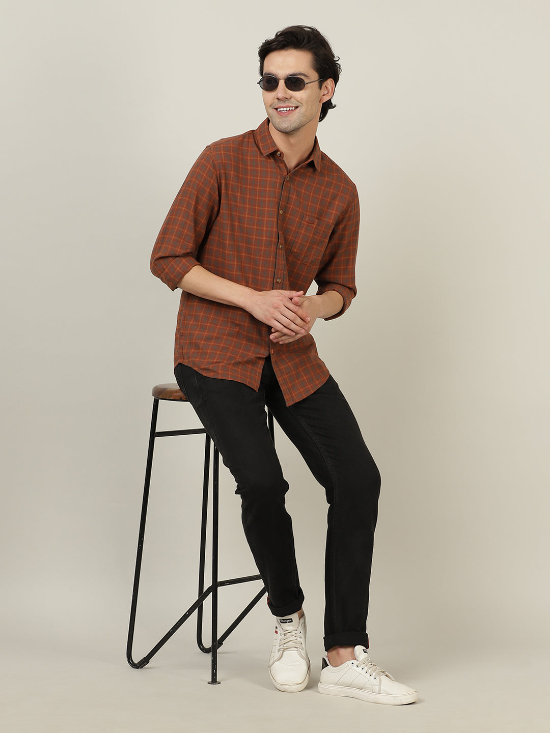 Crocodile Men Brown Cotton Checked Shirt