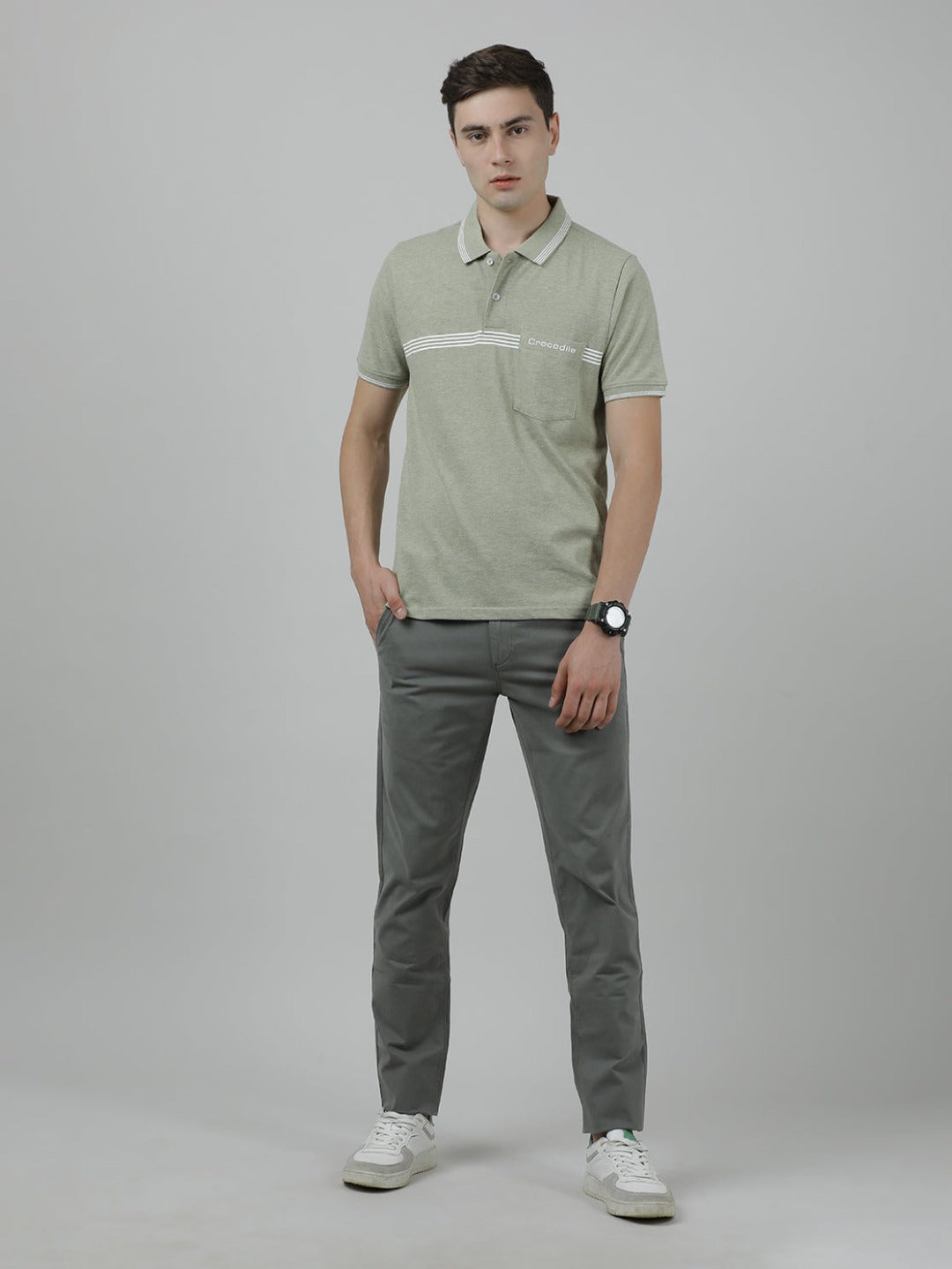 Crocodile Casual Green Solid Polo Melange Printed T-Shirt Half Sleeve Slim Fit with Collar for Men