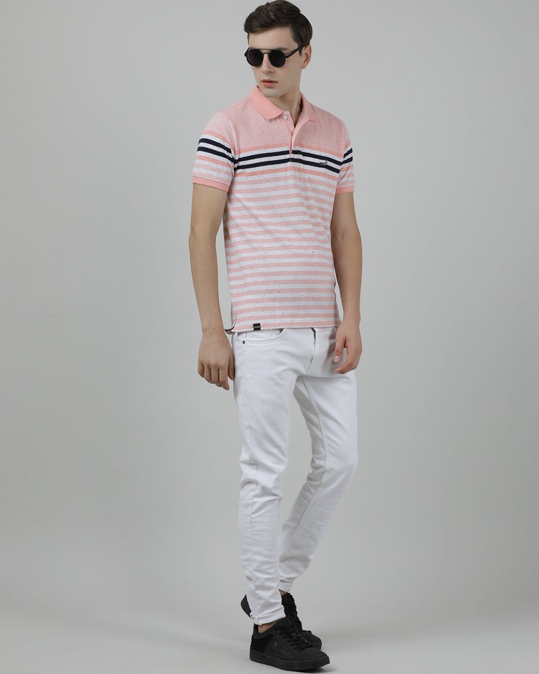 Crocodile Casual Orange T-Shirt Engineering Stripes Half Sleeve Slim Fit with Collar for Men