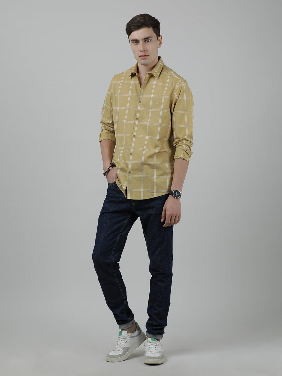 Crocodile Casual Full Sleeve Comfort Fit Checked Shirt Masturd with Collar for Men