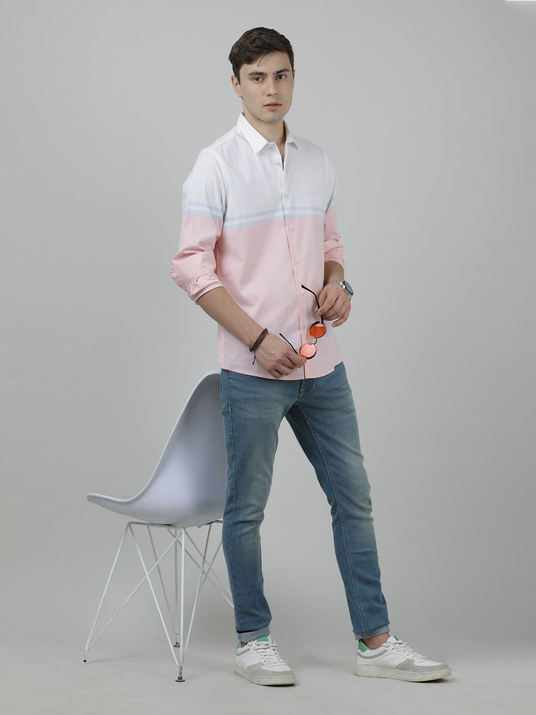 Crocodile Casual White Full Sleeve Slim Fit Stripe Shirt with Collar for Men