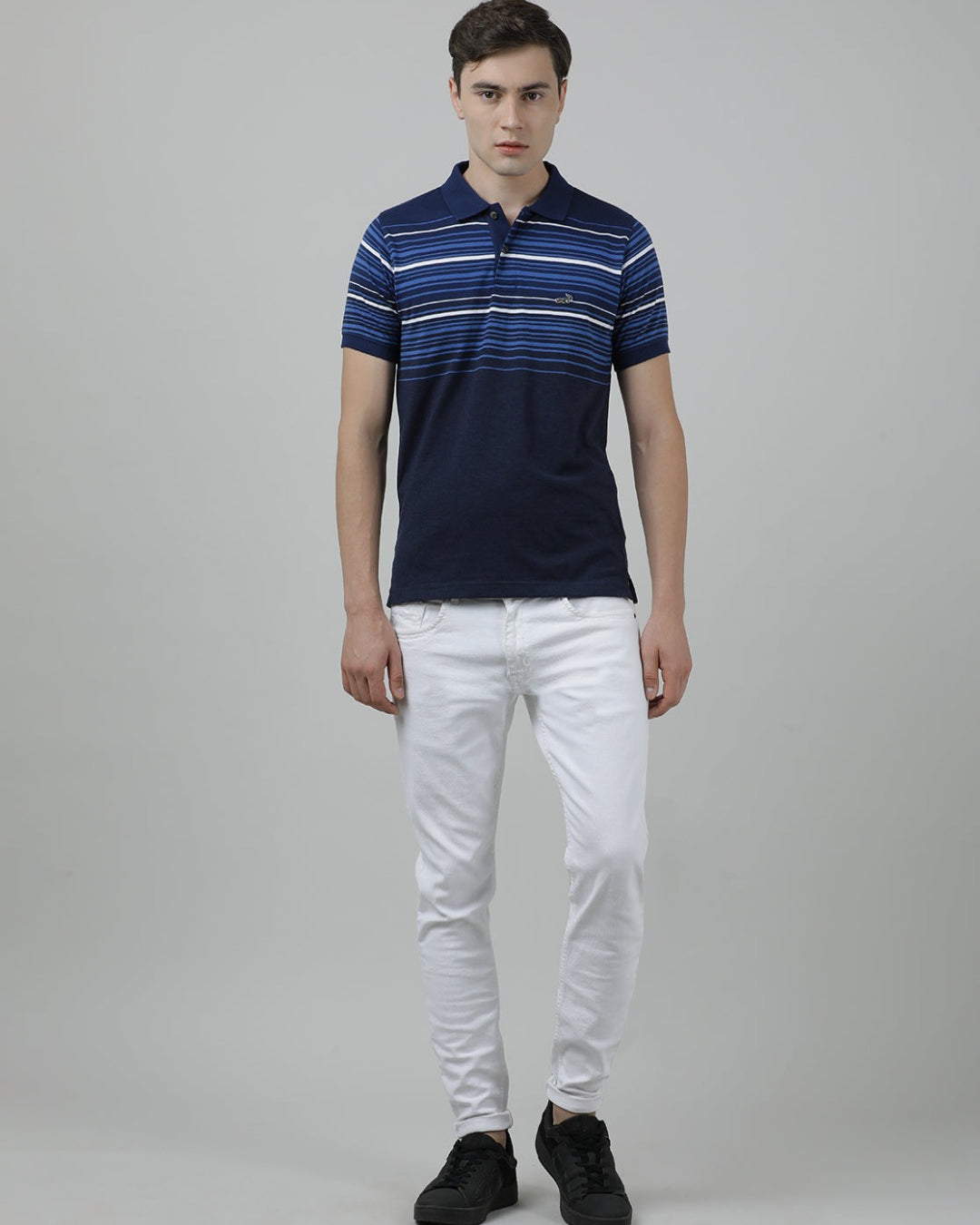 Crocodile Men's Casual Blue T-Shirt Half Sleeve Slim Fit Jersey Engineering Stripe with Collar
