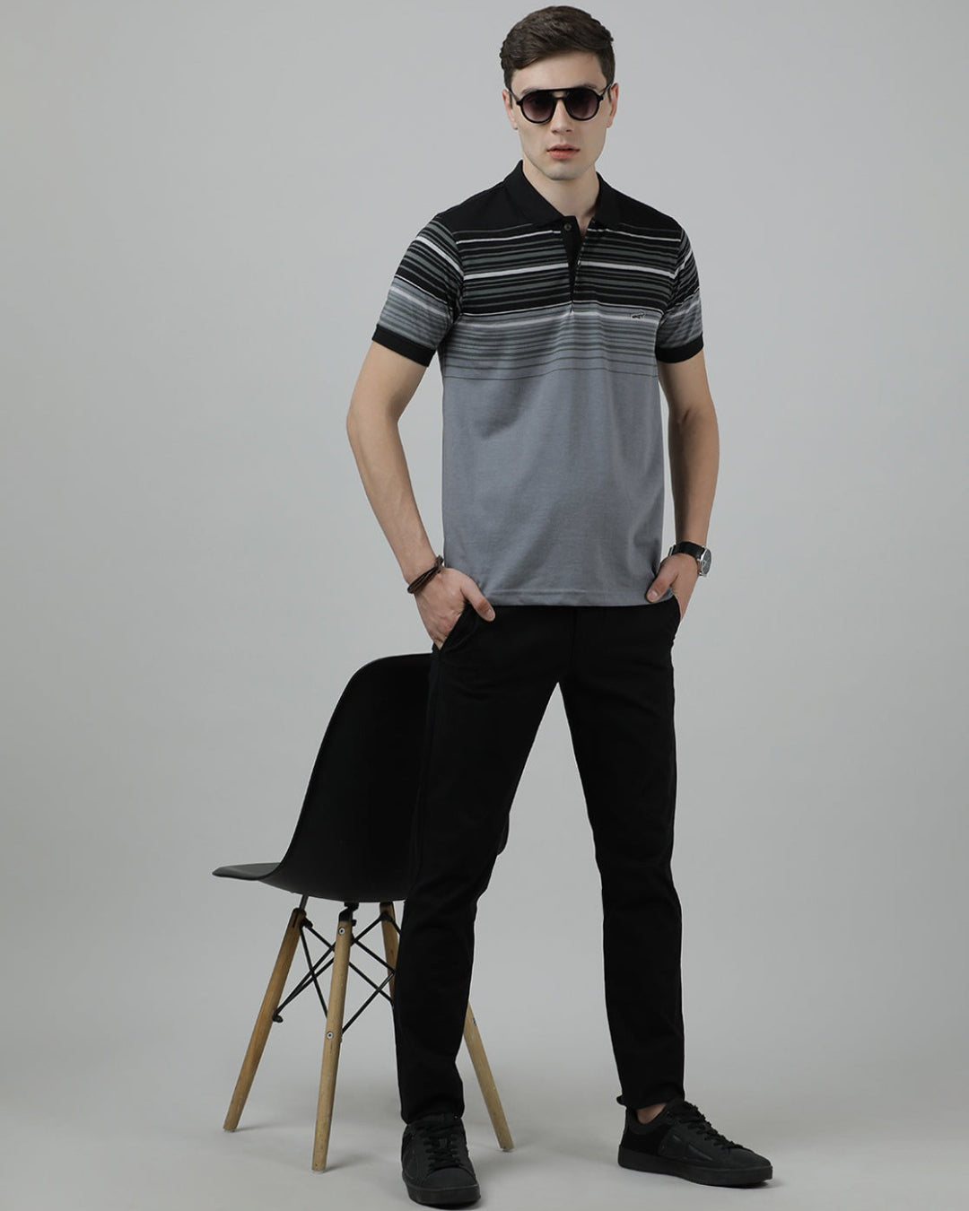 Crocodile Casual Black T-Shirt Half Sleeve Slim Fit Jersey Engineering Stripe with Collar for Men