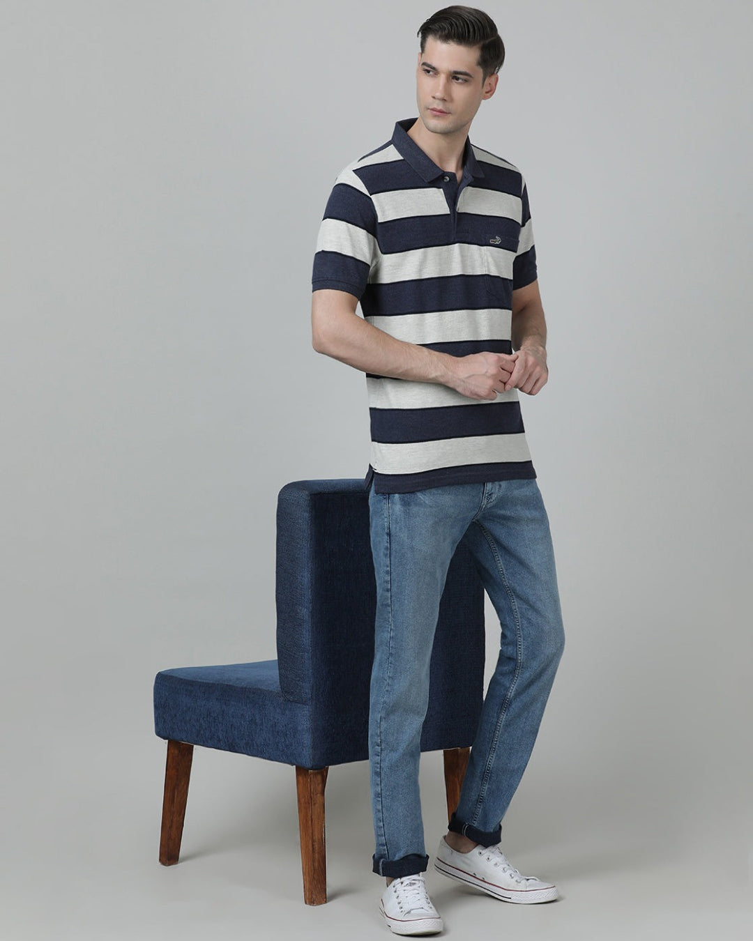 Casual Stripes Slim Fit Half Sleeve Navy Polo T-shirt with Collar