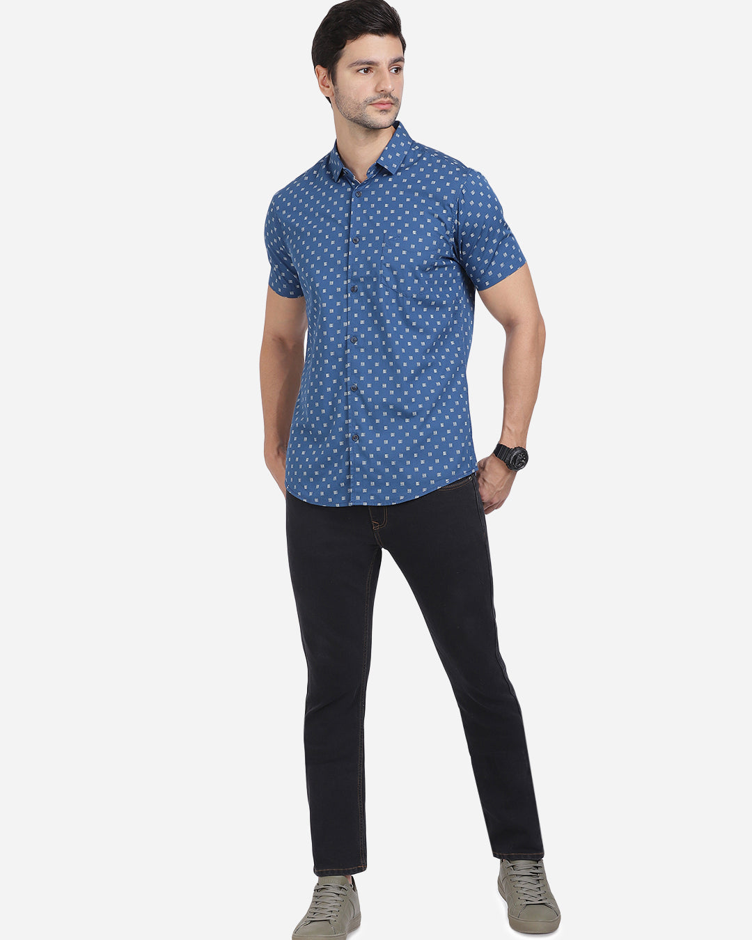 Crocodile Casual Half Sleeve Slim Fit Printed Shirt Blue for Men