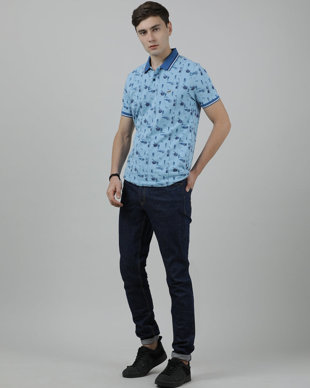Crocodile Casual Light Blue T-Shirt Polo Printed Half Sleeve Slim Fit with Collar for Men