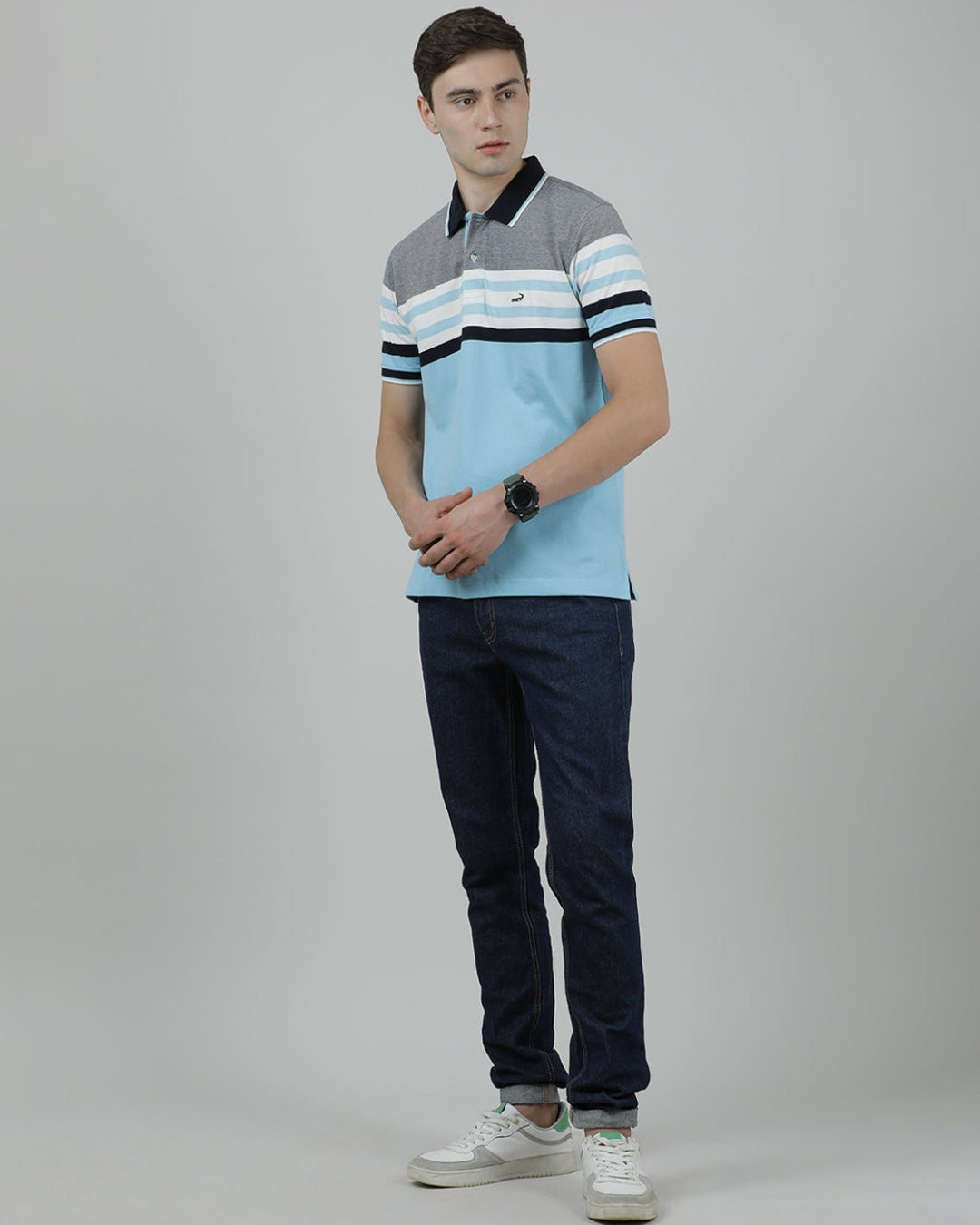Crocodile Casual Light Blue T-Shirt Engineering Stripes Half Sleeve Slim Fit with Collar for Men