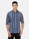 Man wearing a blue casual striped full sleeve shirt