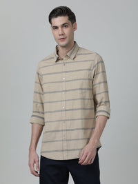 Beige Striped Full Sleeve 100% Cotton Shirt