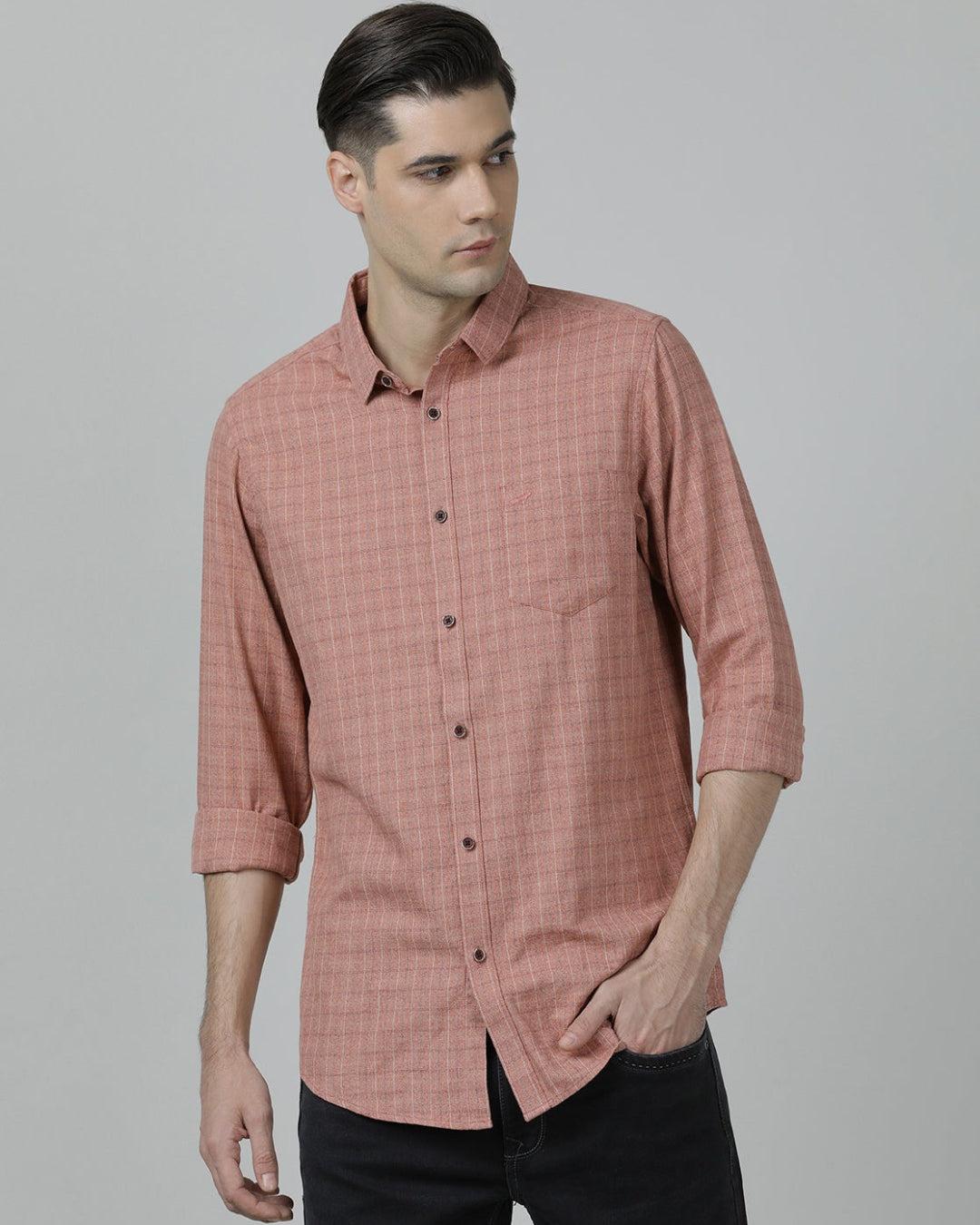 Casual Checks Comfort Fit Light Red Full Sleeve Shirt with Collar