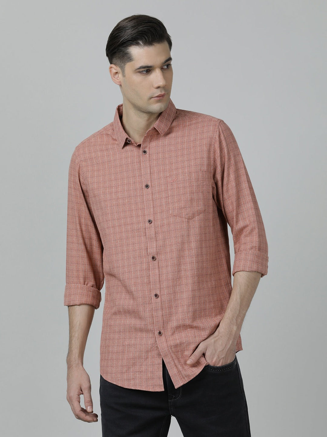 Casual Checks Comfort Fit Light Red Full Sleeve Shirt with Collar