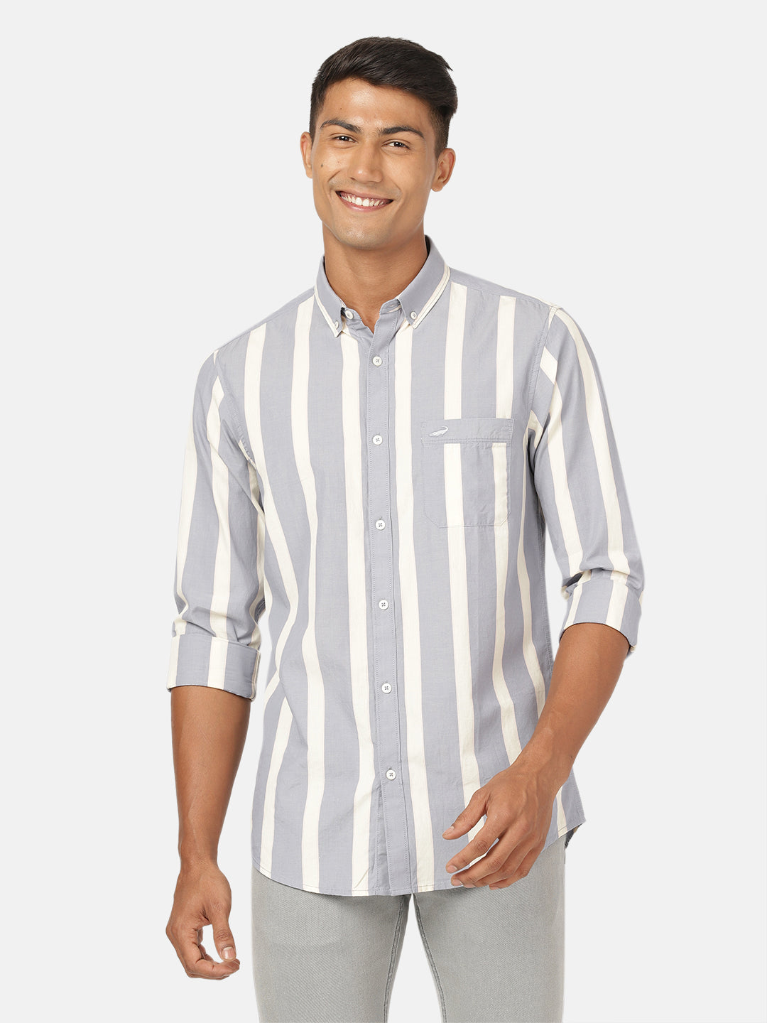 Crocodile Casual Full Sleeve Slim Fit Stripes Blue with Collar Shirt for Men