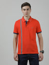 Man wearing a red printed red polo t shirt with casual styling on a gray background