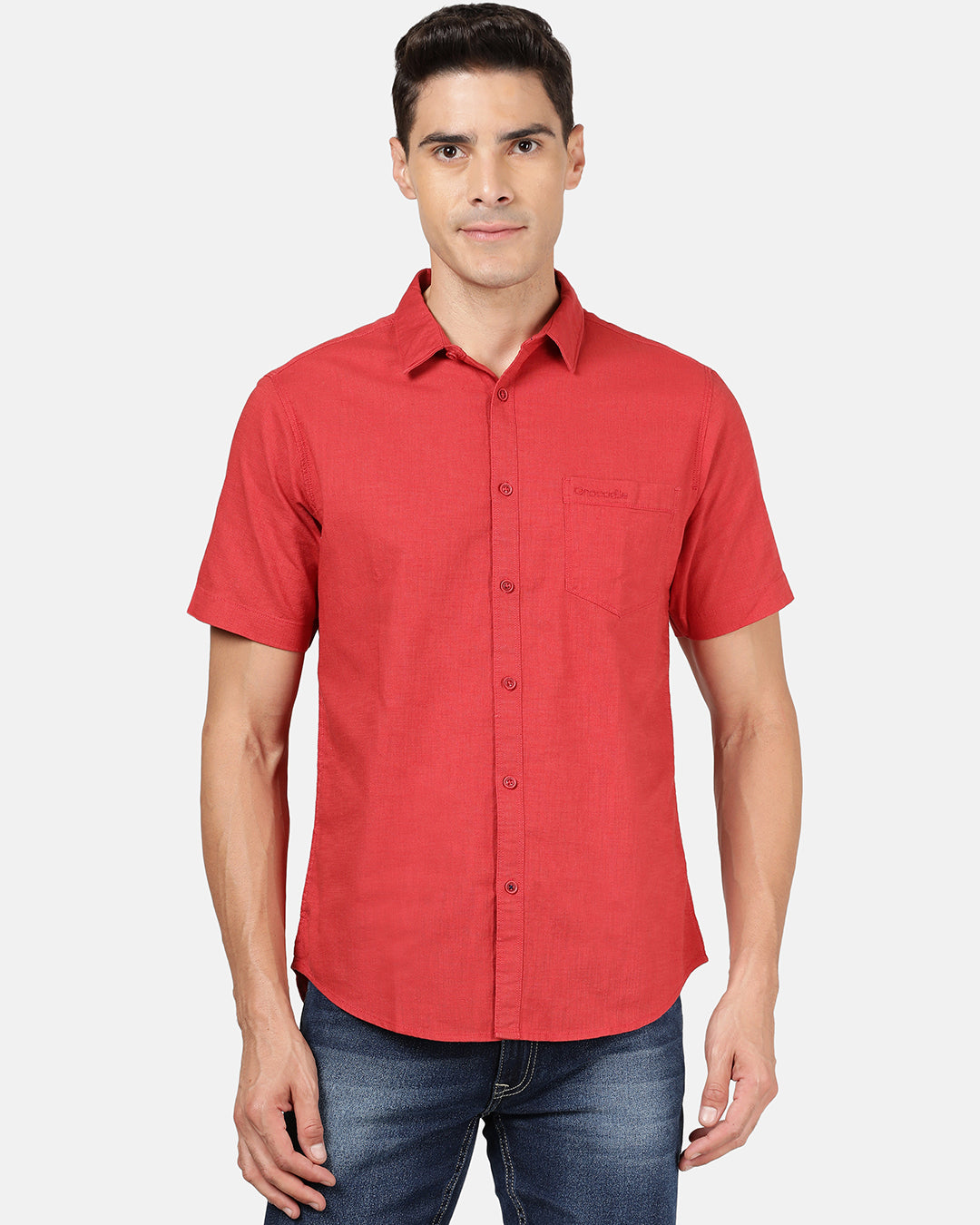 Crocodile Casual Half Sleeve Comfort Fit Solid Red with Collar Shirt for Men
