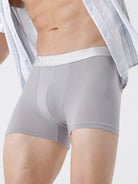 Gray boxer briefs with a brand logo on a white background
