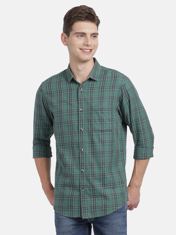 Casual Full Sleeve Slim Fit Checks Green With Collar Shirt For Men