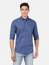 Man wearing a navy printed full sleeve shirt navy with casual styling on a gray background