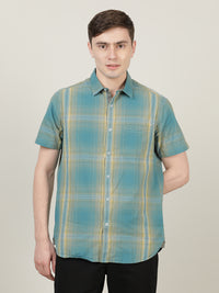Green Checked Half Sleeve 100% Cotton Casual Shirt