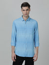 Man wearing a blue striped full sleeve blue casual 100% cotton shirt with casual styling on a gray background