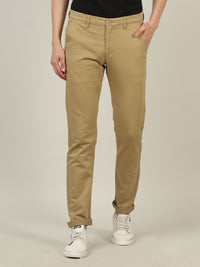 Solid Khaki Brown Slim Fit Casual Trouser