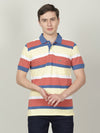 Man wearing a blue bright cobalt blue striped polo t shirt on a light gray background