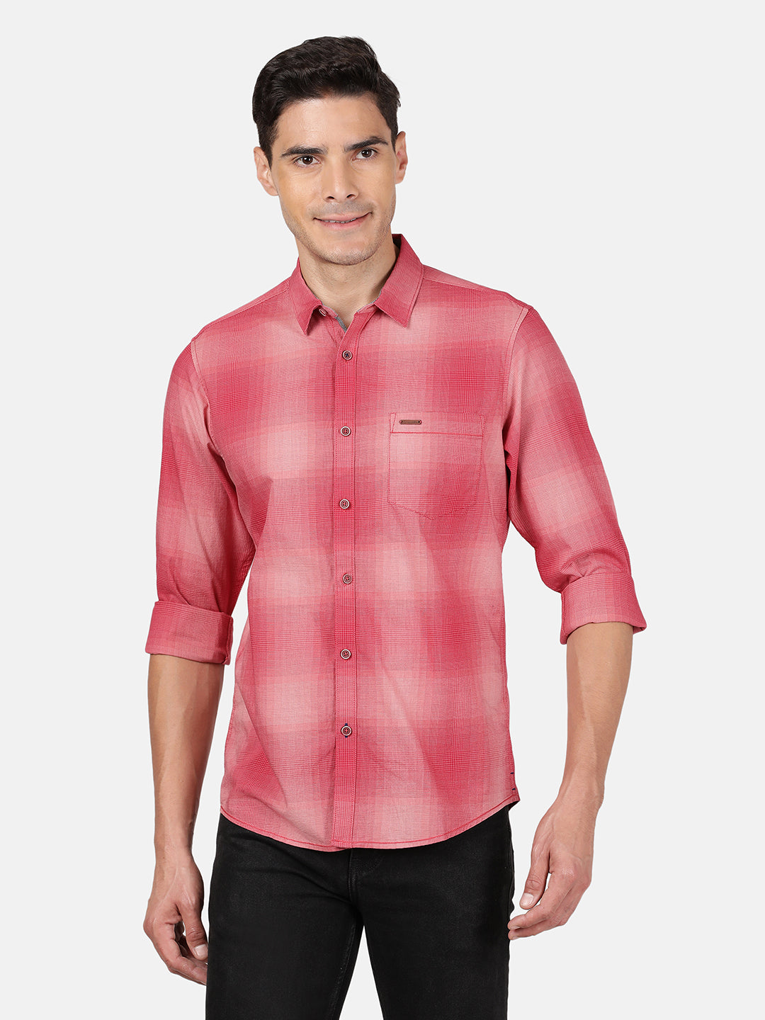 Crocodile Casual Full Sleeve Slim Fit Checks Red with Collar Shirt for Men