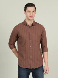Brown Striped Full Sleeve 100% Cotton Casual Shirt
