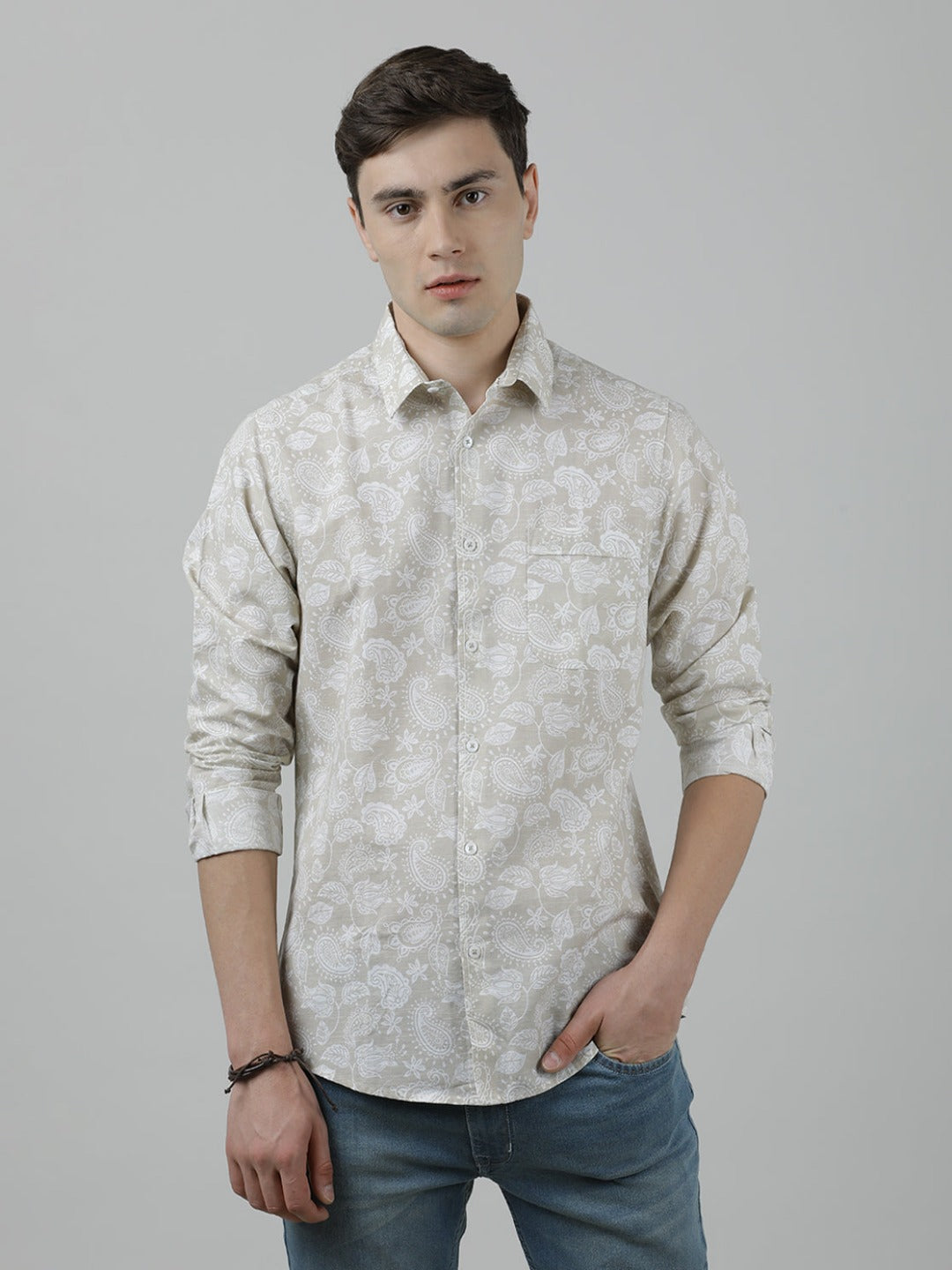 Casual Full Sleeve Slim Fit Printed Shirt Beige for Men