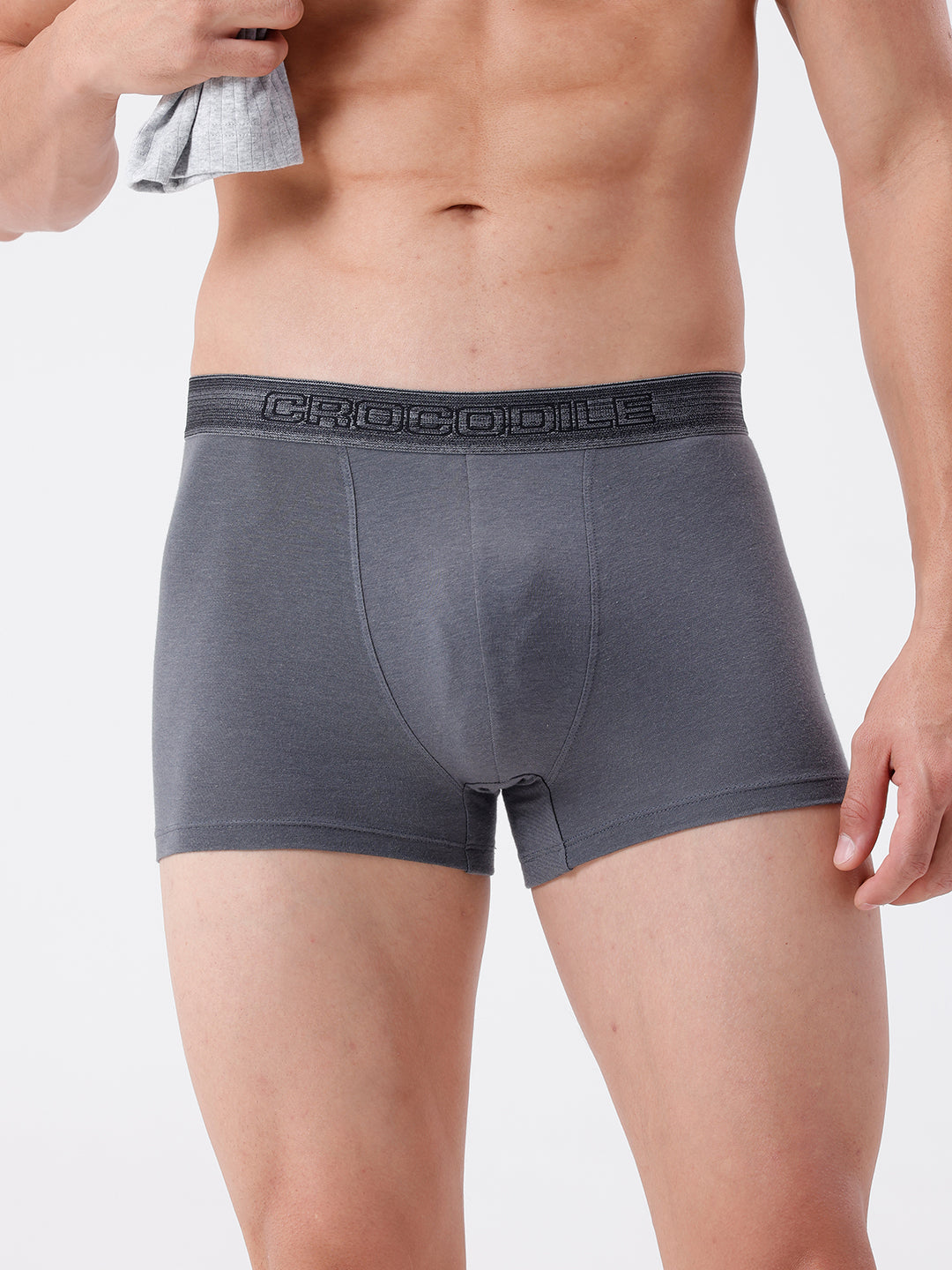 Gray boxer briefs with brand logo on a white background