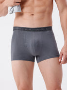 Gray boxer briefs with brand logo on a white background