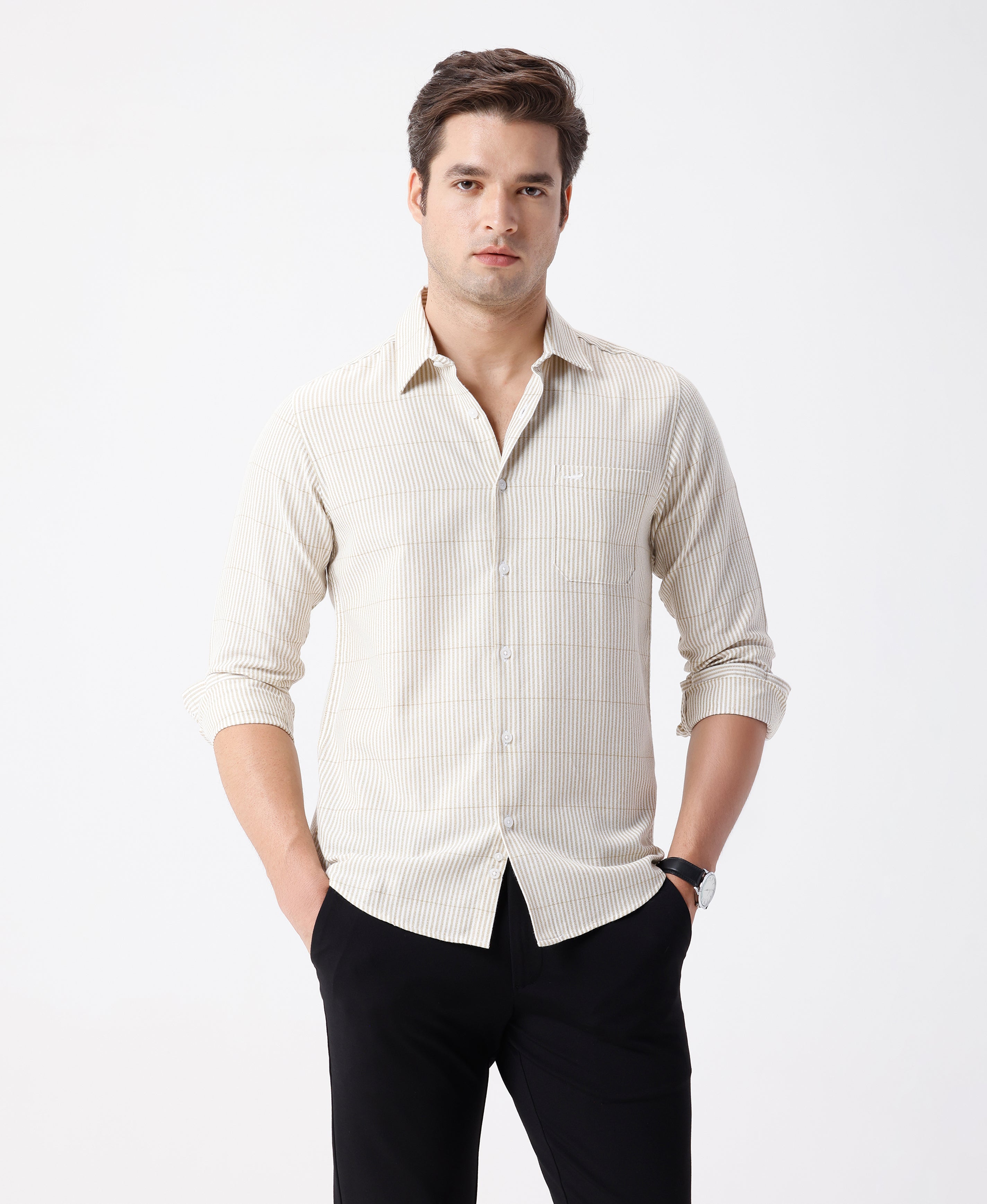 Man wearing a olive crepe texture stripe shirt olive on a light gray background