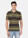 Man wearing a green dark olive green striped polo t shirt on a light gray background