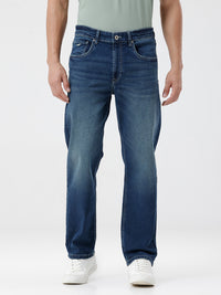 Straight Fit Blue Denim Jeans With Natural Fade Wash And Classic Five-Pocket Design