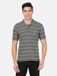 Casual Charcoal Melange Grey Striped Polo T-Shirt