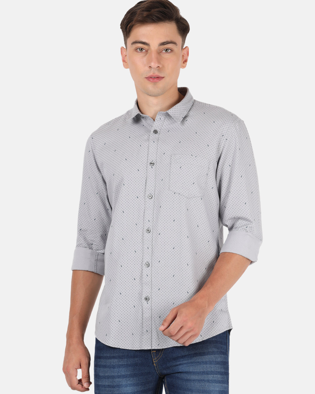 Crocodile Casual Full Sleeve Slim Fit Printed Steel Grey with Collar Shirt for Men