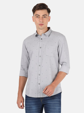 Casual Full Sleeve Slim Fit Printed Steel Grey With Collar Shirt For Men