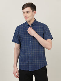Indigo Navy Checked Casual Half Sleeve 100% Cotton Shirt