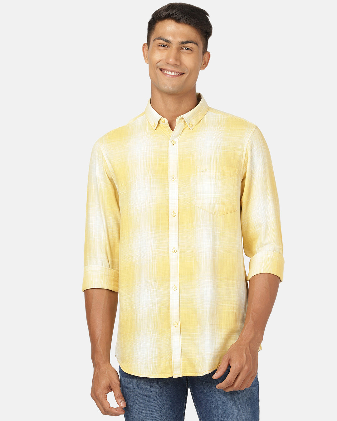 Crocodile Casual Full Sleeve Comfort Fit Checks Yellow with Collar Shirt for Men