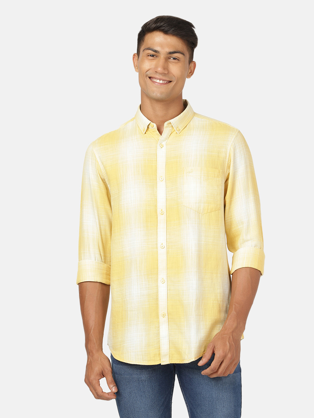 Crocodile Casual Full Sleeve Comfort Fit Checks Yellow with Collar Shirt for Men