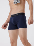 Navy blue boxer briefs with a brand logo on a plain background