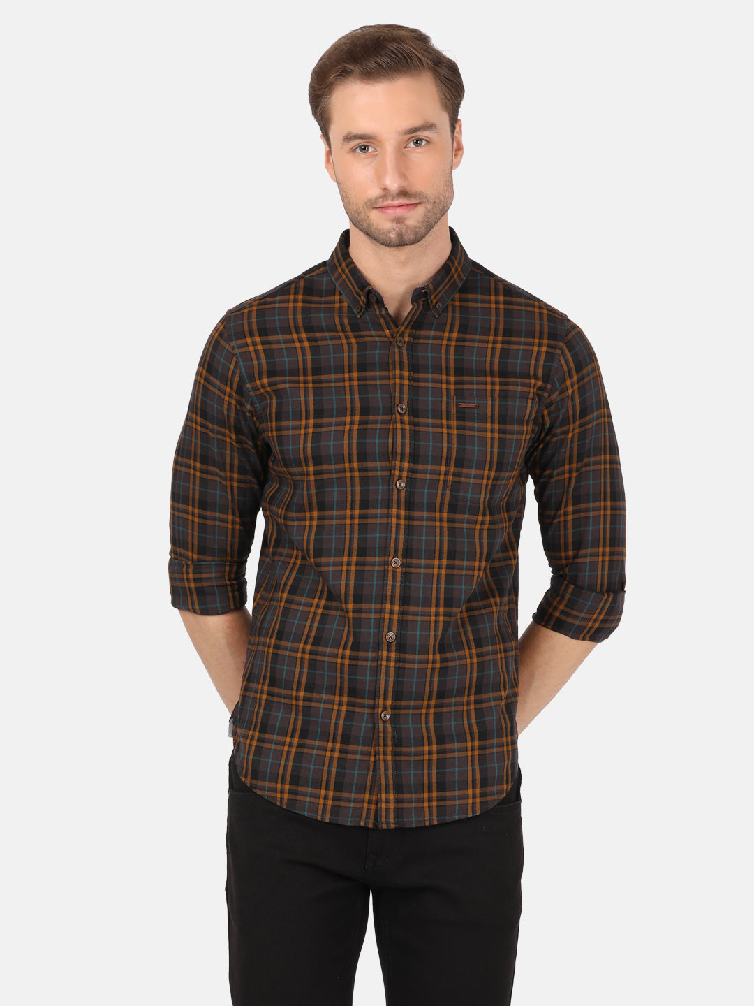 Crocodile Men's Casual Full Sleeve Comfort Fit Checks Brown With Collar Shirt Online