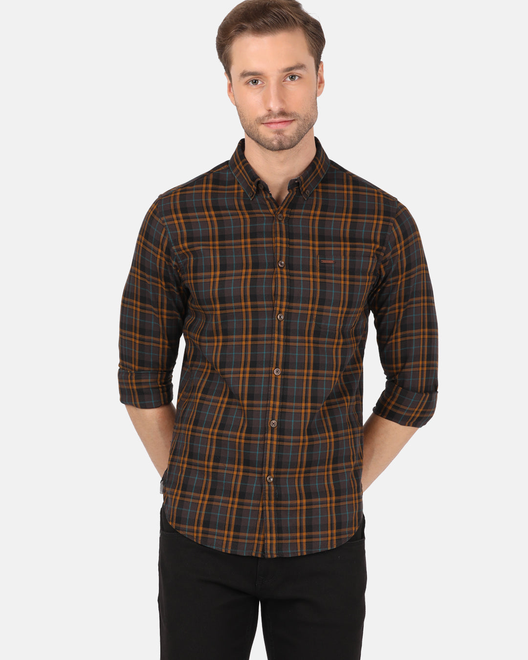 Crocodile Men's Casual Full Sleeve Comfort Fit Checks Brown With Collar Shirt Online
