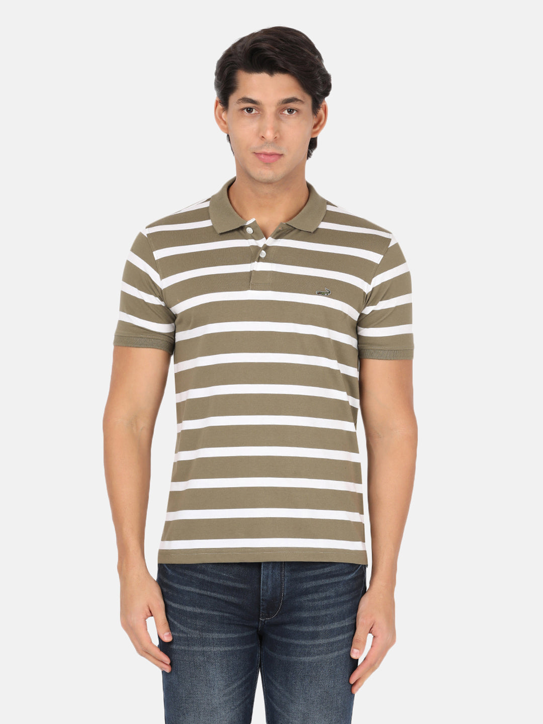 Men Beige Striped Polo Collar Slim Fit T-Shirt